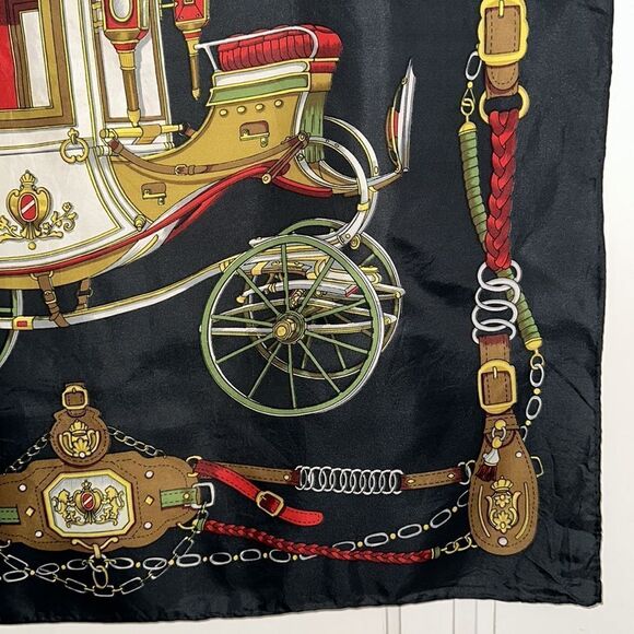 Vintage 80s or 90s black silk square scarf with a carriage print - Picture 4 of 8